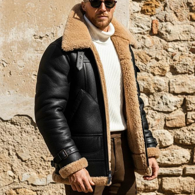 Mens Outlet House - Vopod | Shearling-Lined Zippered Leather Jacket Men
