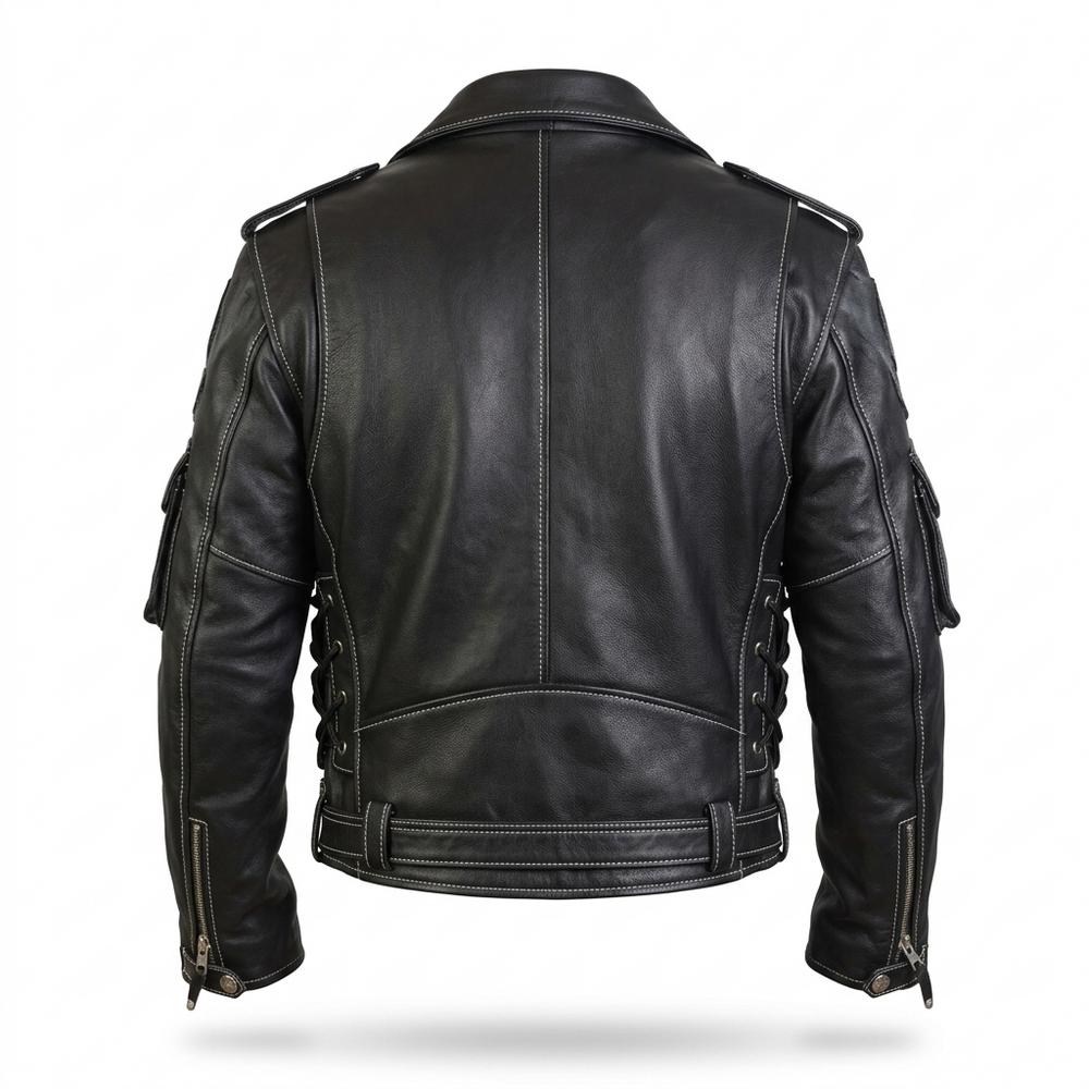 Mens Outlet House - Makar | Contrast-Stitched Multi-Pocket Leather Jacket Men
