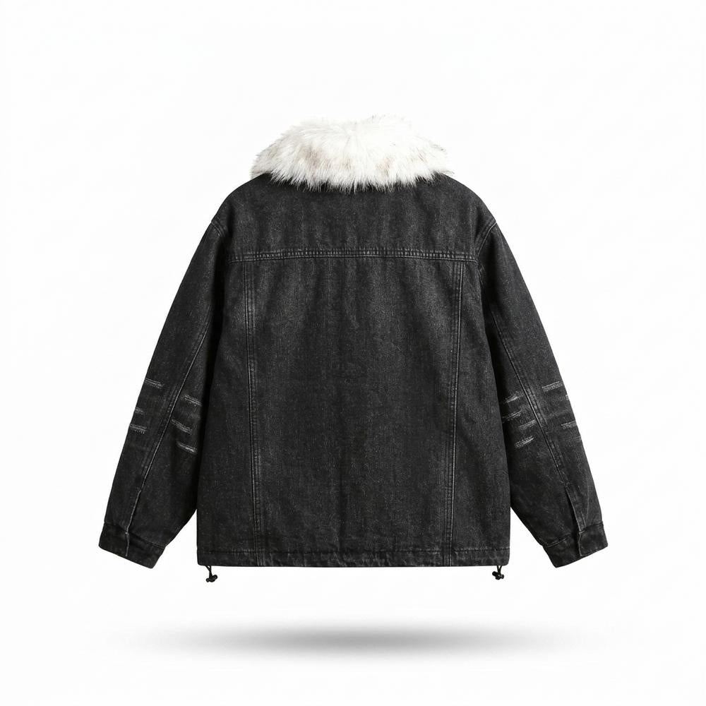 Mens Outlet House - Kezan | Fur-Collar Washed Denim Jacket Unisex