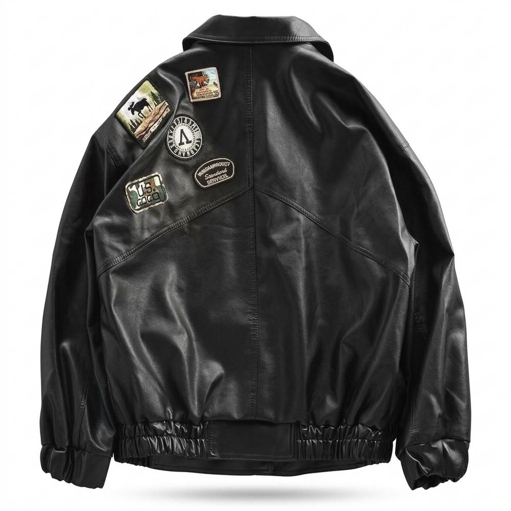 Mens Outlet House - Mirev | Patched Zip-Up Leather Jacket Men