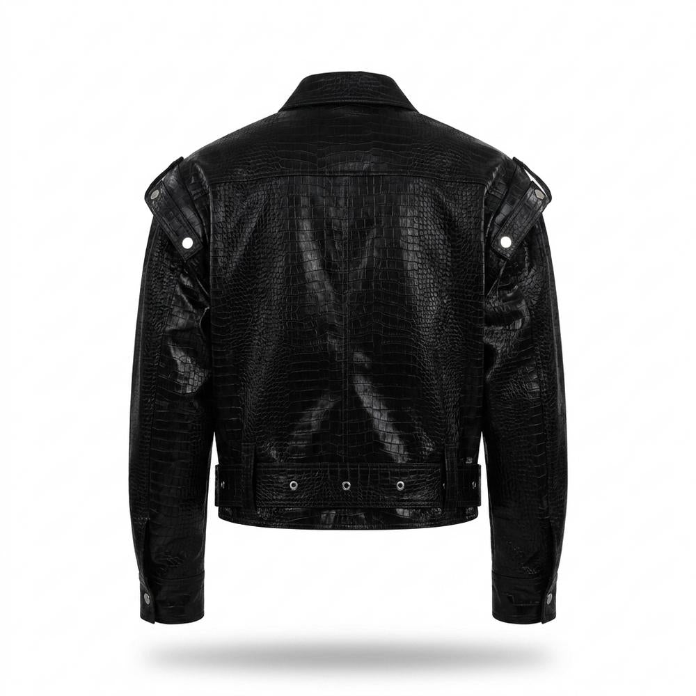 Mens Outlet House - Vimin | Croc-Embossed Asymmetrical Leather Jacket Unisex