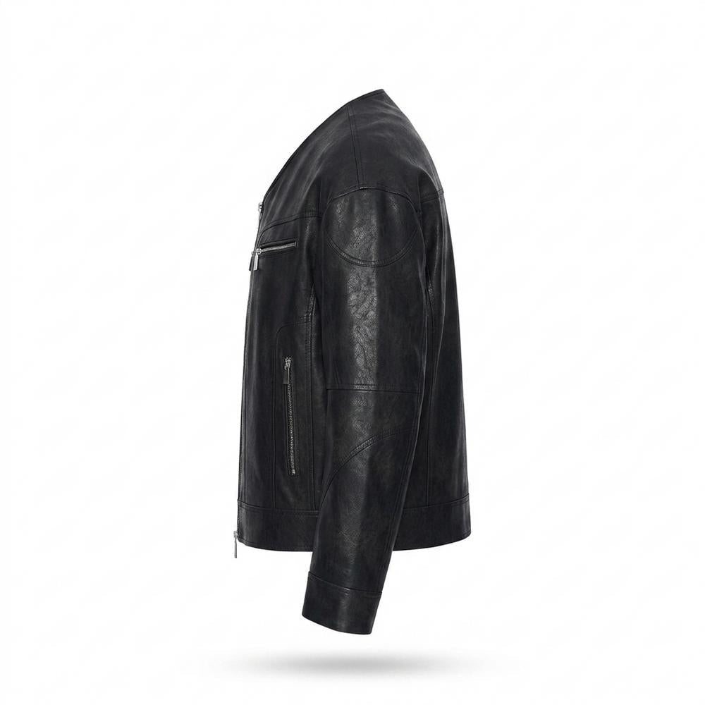 Mens Outlet House - Almar | Collarless Faux-Leather Leather Jacket Men