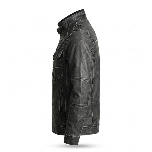 Mens Outlet House - Tilev | Washed Stand-Collar Leather Jacket Men