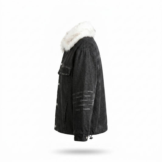 Mens Outlet House - Kezan | Fur-Collar Washed Denim Jacket Unisex