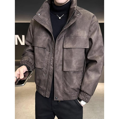Mens Outlet House - Elven | Stand-Collar Padded Leather Jacket Men