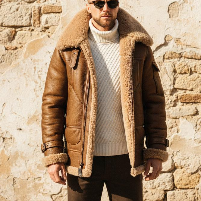 Mens Outlet House - Vopod | Shearling-Lined Zippered Leather Jacket Men