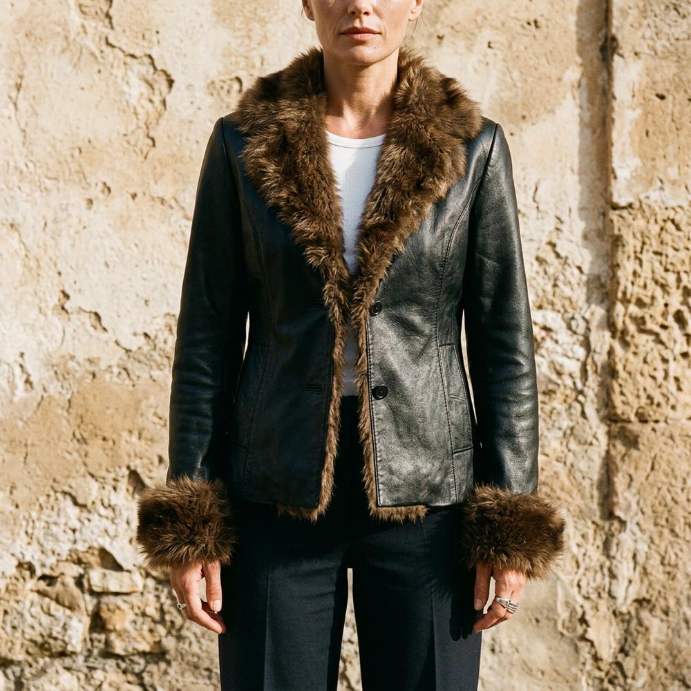 Mens Outlet House - Lawik | Faux Fur-Trimmed Button-Up Leather Jacket Women