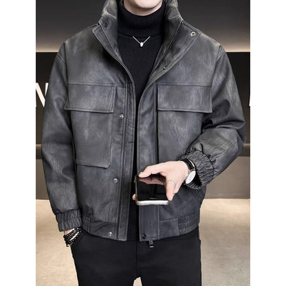 Mens Outlet House - Elven | Stand-Collar Padded Leather Jacket Men