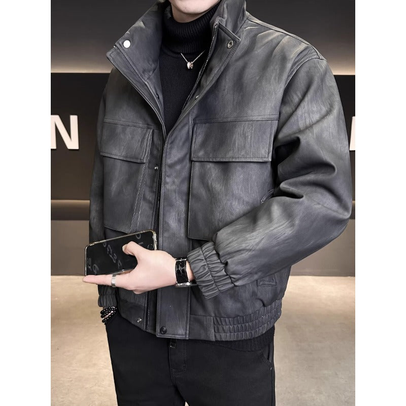 Mens Outlet House - Elven | Stand-Collar Padded Leather Jacket Men