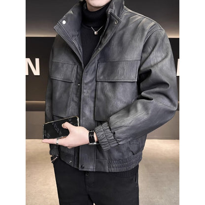 Mens Outlet House - Elven | Stand-Collar Padded Leather Jacket Men