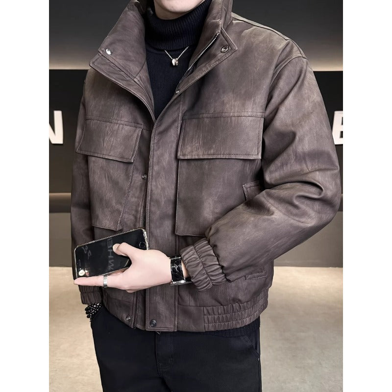 Mens Outlet House - Elven | Stand-Collar Padded Leather Jacket Men