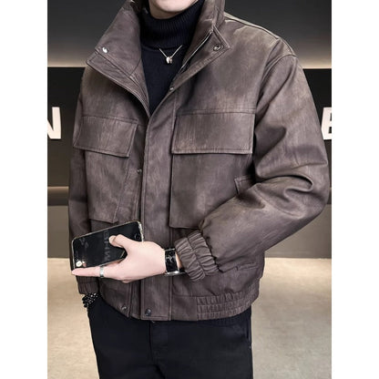 Mens Outlet House - Elven | Stand-Collar Padded Leather Jacket Men