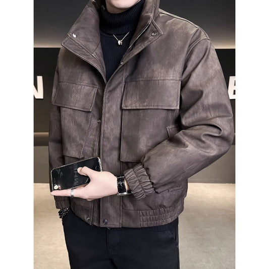 Mens Outlet House - Elven | Stand-Collar Padded Leather Jacket Men