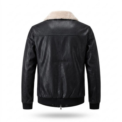 Mens Outlet House - Yoduv | Fleece-Collar Zip-Up Leather Jacket Men