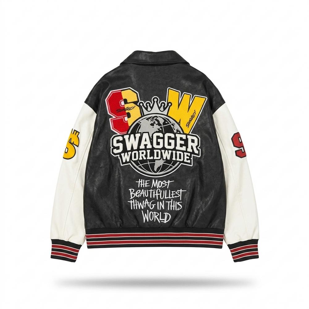 Mens Outlet House - Keren | Embroidered Color-Block Leather Jacket Unisex