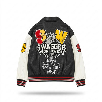 Mens Outlet House - Keren | Embroidered Color-Block Leather Jacket Unisex