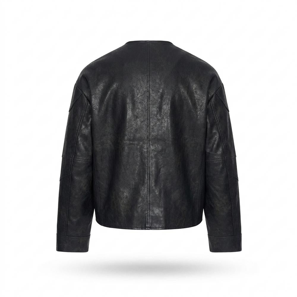 Mens Outlet House - Almar | Collarless Faux-Leather Leather Jacket Men