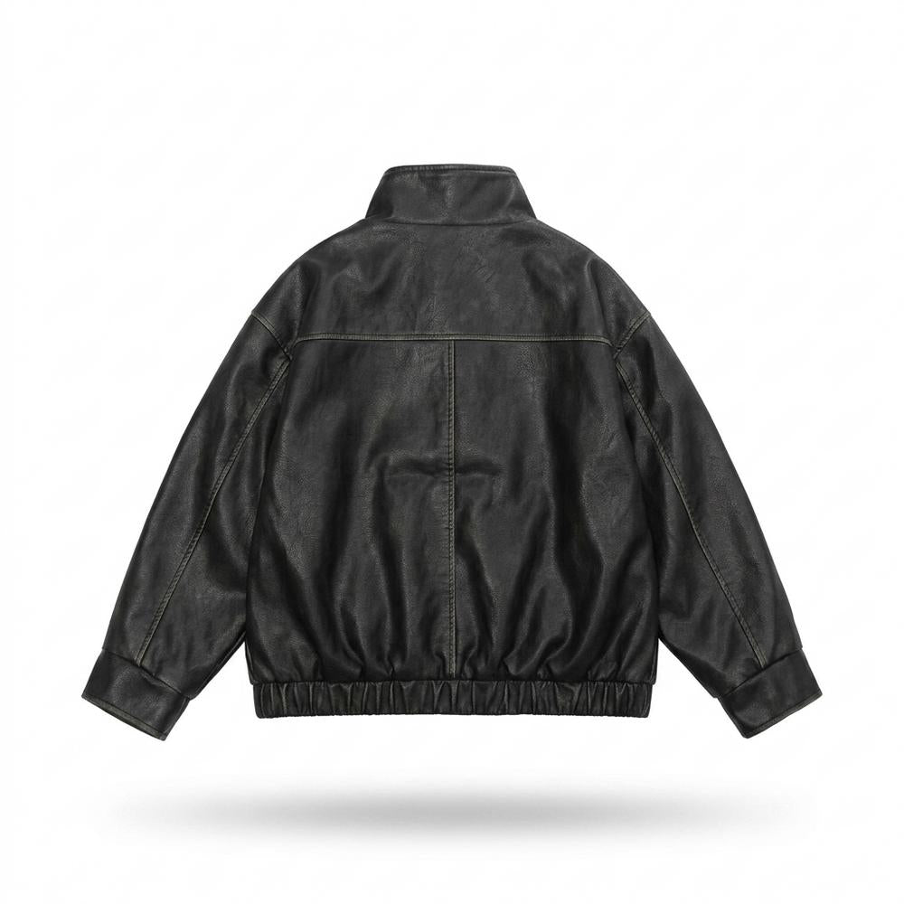 Mens Outlet House - Nolev | High-Collar Washed-Look Leather Jacket Unisex