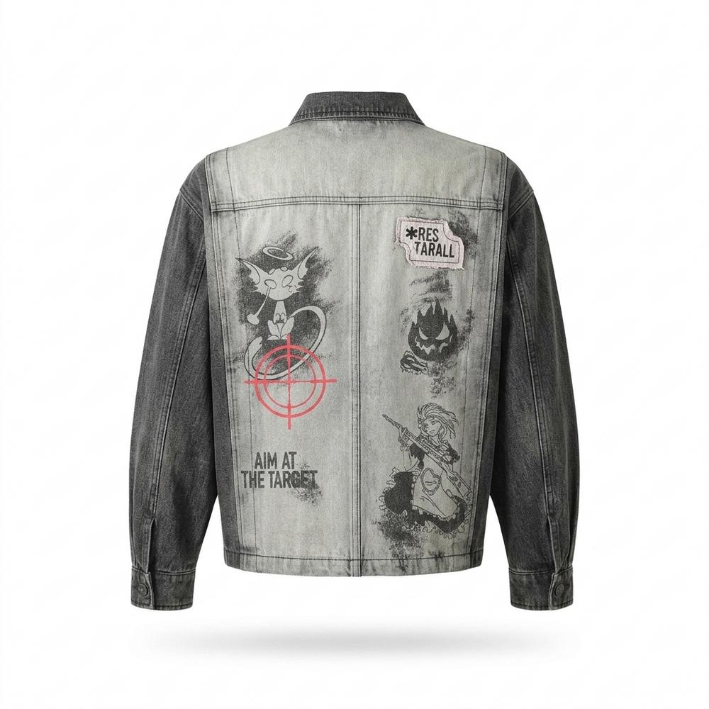 Mens Outlet House - Risen | Two-Tone Printed Denim Jacket Unisex