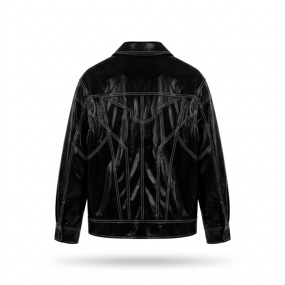 Mens Outlet House - Lyken | High-Shine Contrast-Stitched Leather Jacket Unisex
