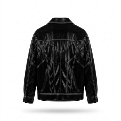 Mens Outlet House - Lyken | High-Shine Contrast-Stitched Leather Jacket Unisex