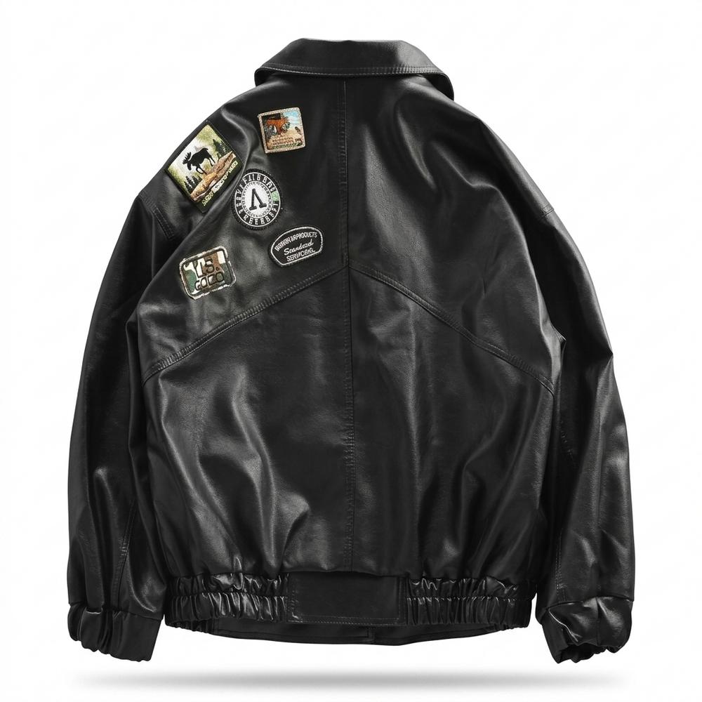 Mens Outlet House - Mitir | Patched Zip-Up Leather Jacket Men