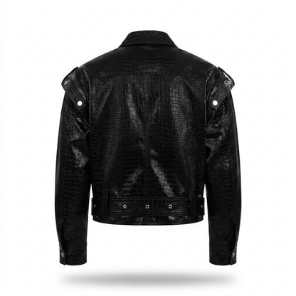 Mens Outlet House - Vimin | Croc-Embossed Asymmetrical Leather Jacket Unisex