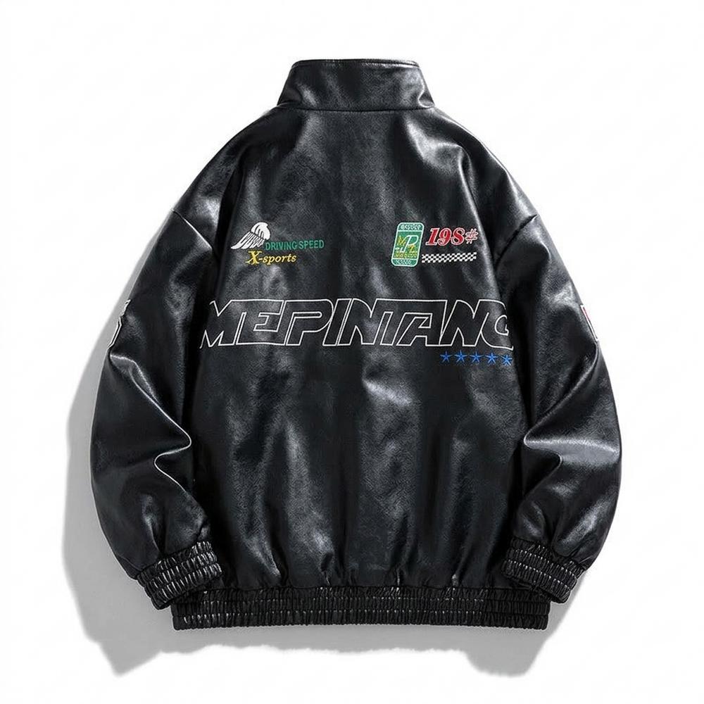 Mens Outlet House - Savel | Embroidered Zip-Up Leather Jacket Unisex