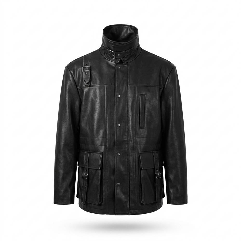 Mens Outlet House - Arlin | Multi-Pocket Buckled Leather Jacket Men