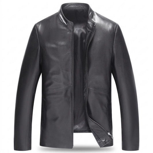 Mens Outlet House - Yolan | Zip-Up Band-Collar Leather Jacket Men