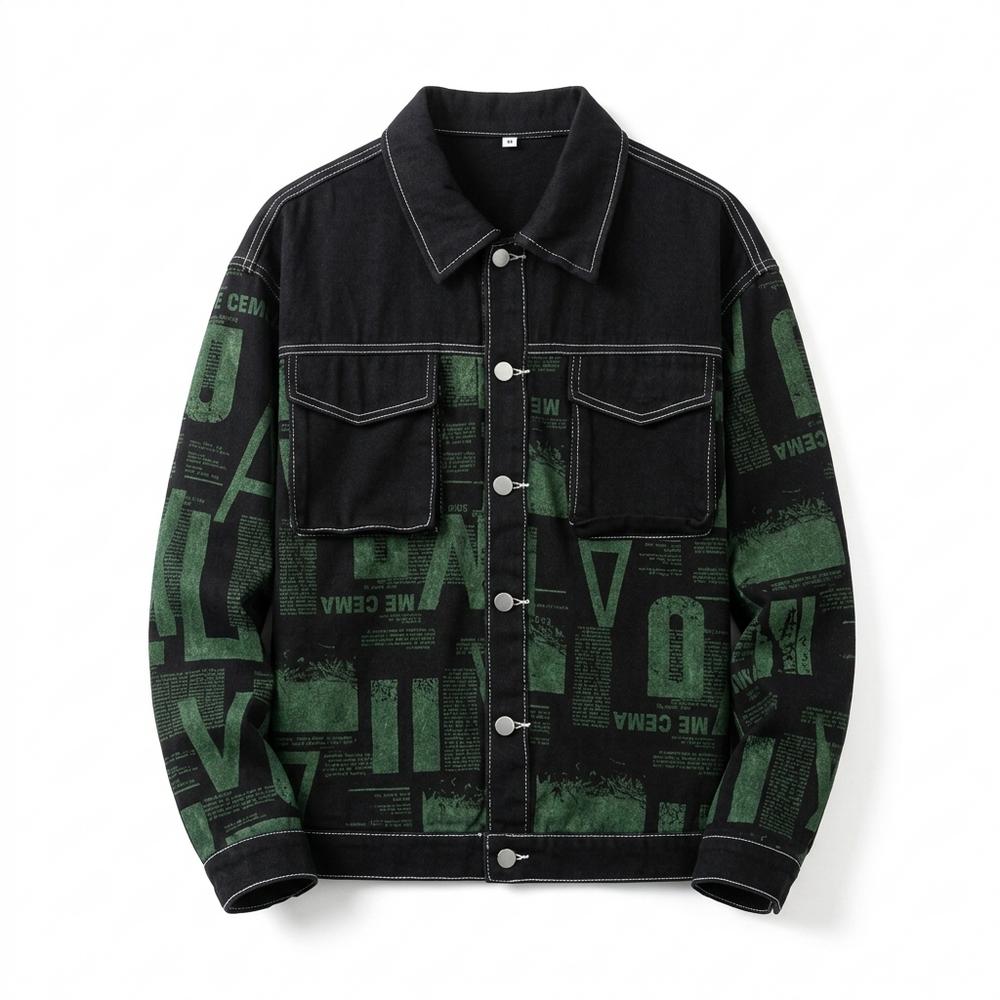 Mens Outlet House - Elnal | Printed Contrast-Stitched Denim Jacket Unisex