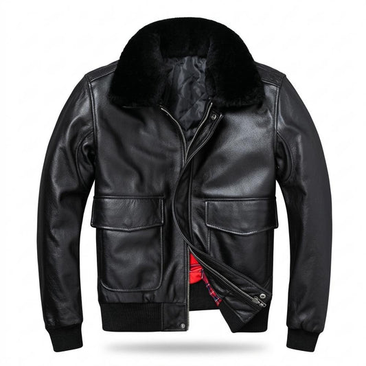 Mens Outlet House - Satir | Fur-Collar Slim-Fit Leather Jacket Men