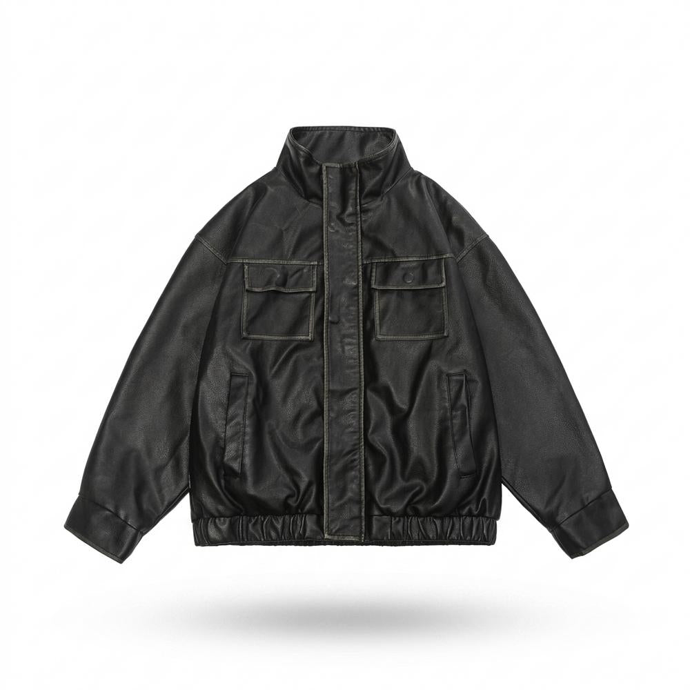 Mens Outlet House - Nolev | High-Collar Washed-Look Leather Jacket Unisex