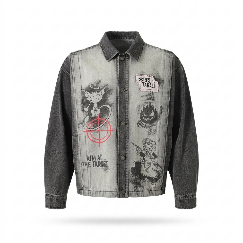 Mens Outlet House - Risen | Two-Tone Printed Denim Jacket Unisex