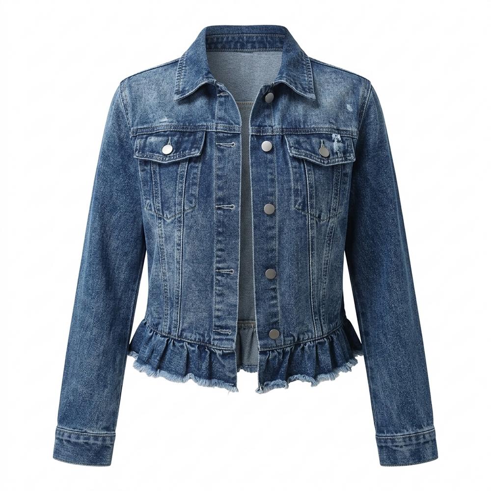 Mens Outlet House - Zaful | Ruffled Hem Button-Front Denim Jacket Women