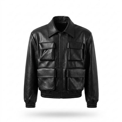 Mens Outlet House - Kelom | Multi-Pocket Zip-Up Leather Jacket Unisex