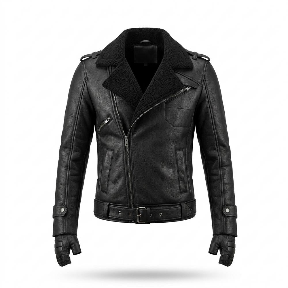 Mens Outlet House - Yover | Shearling-Lined Asymmetrical Leather Jacket Men