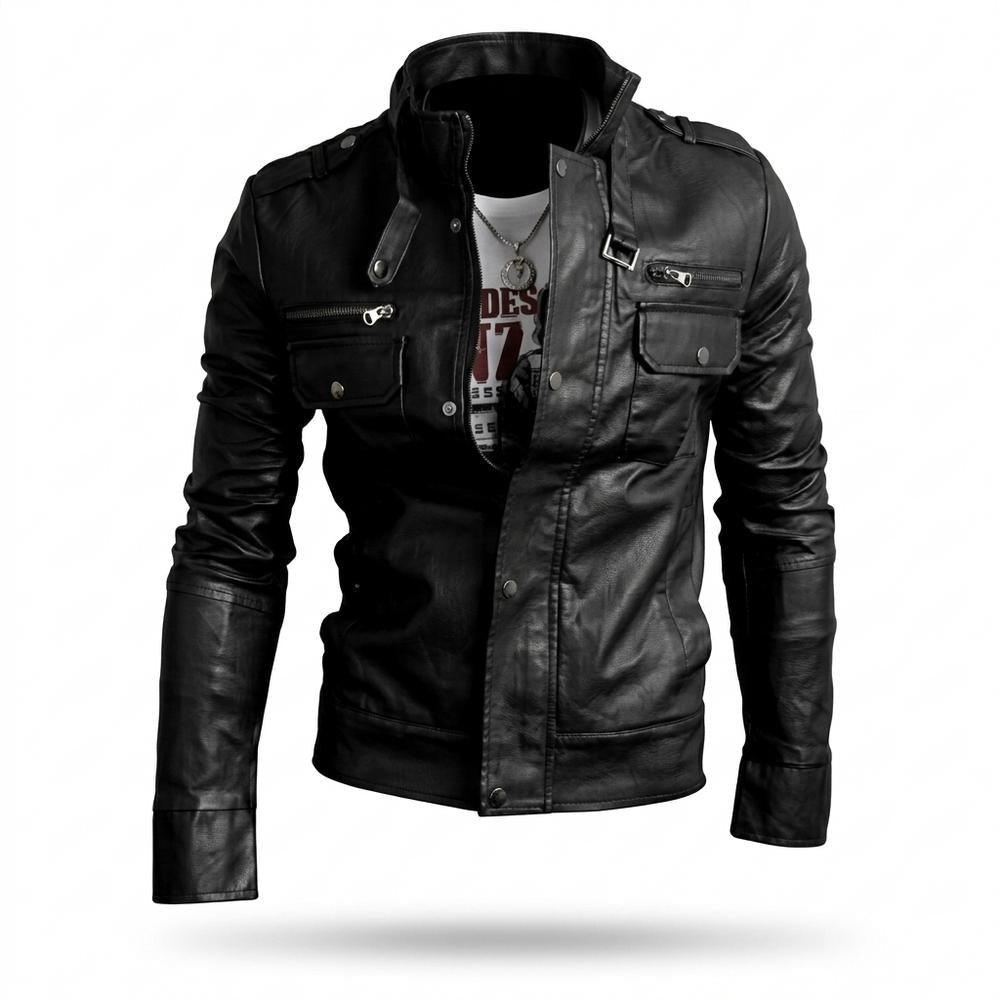 Mens Outlet House - Nizan | Slim-Fit Stand-Collar Leather Jacket Men