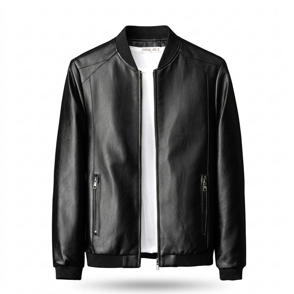 Mens Outlet House - Yotor | Zip-Up Ribbed-Collar Leather Jacket Men