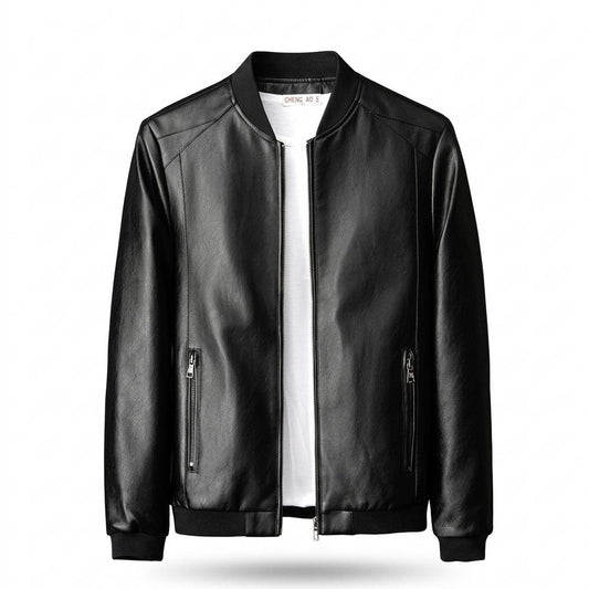 Mens Outlet House - Yotor | Zip-Up Ribbed-Collar Leather Jacket Men