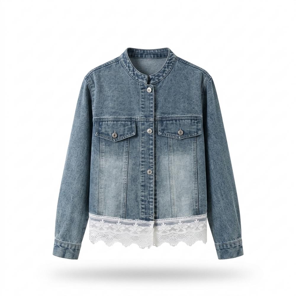 Mens Outlet House - Lavin | Collarless Lace-Trimmed Denim Jacket Women