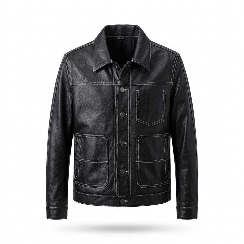 Mens Outlet House - Vimer | Contrast-Stitched Button-Front Leather Jacket Men