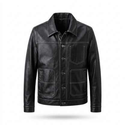 Mens Outlet House - Vimer | Contrast-Stitched Button-Front Leather Jacket Men