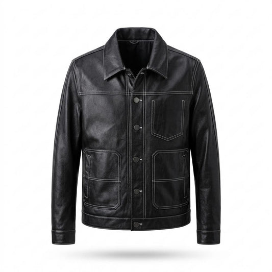 Mens Outlet House - Vimer | Contrast-Stitched Button-Front Leather Jacket Men