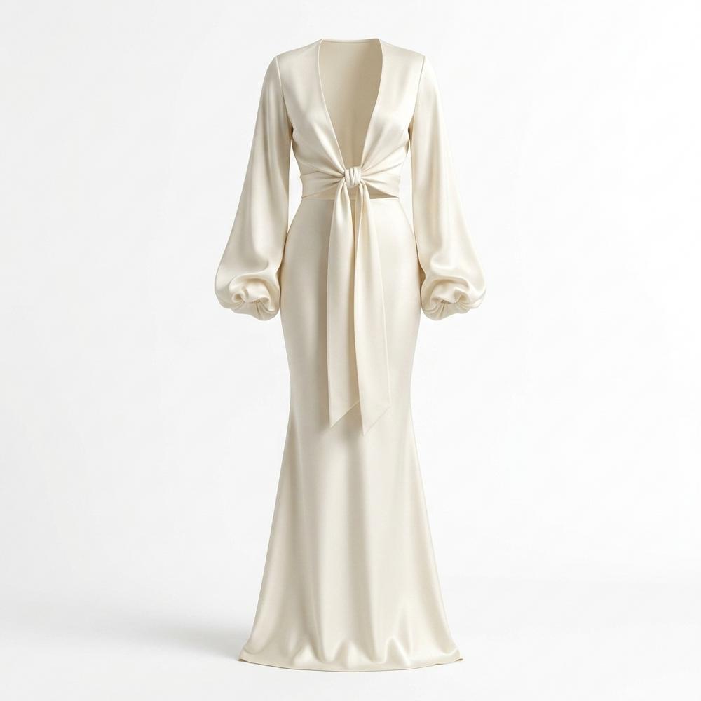 Mens Outlet House - Duzil | Satin-Finish Tie-Front Maxi Dress Women