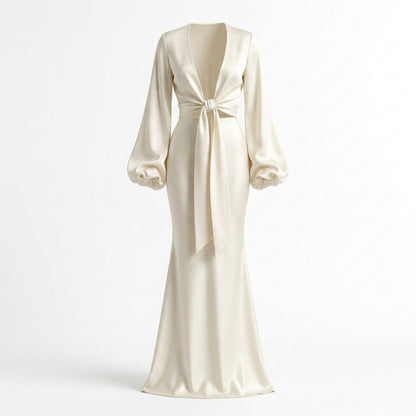 Mens Outlet House - Duzil | Satin-Finish Tie-Front Maxi Dress Women