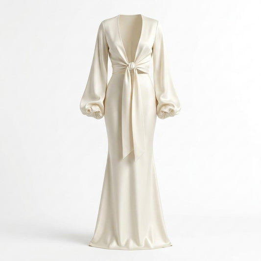 Mens Outlet House - Duzil | Satin-Finish Tie-Front Maxi Dress Women