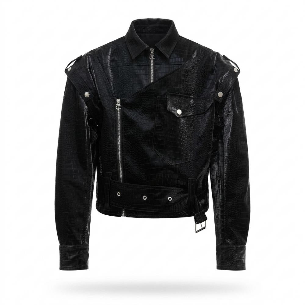 Mens Outlet House - Vimin | Croc-Embossed Asymmetrical Leather Jacket Unisex