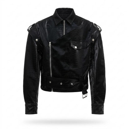 Mens Outlet House - Vimin | Croc-Embossed Asymmetrical Leather Jacket Unisex