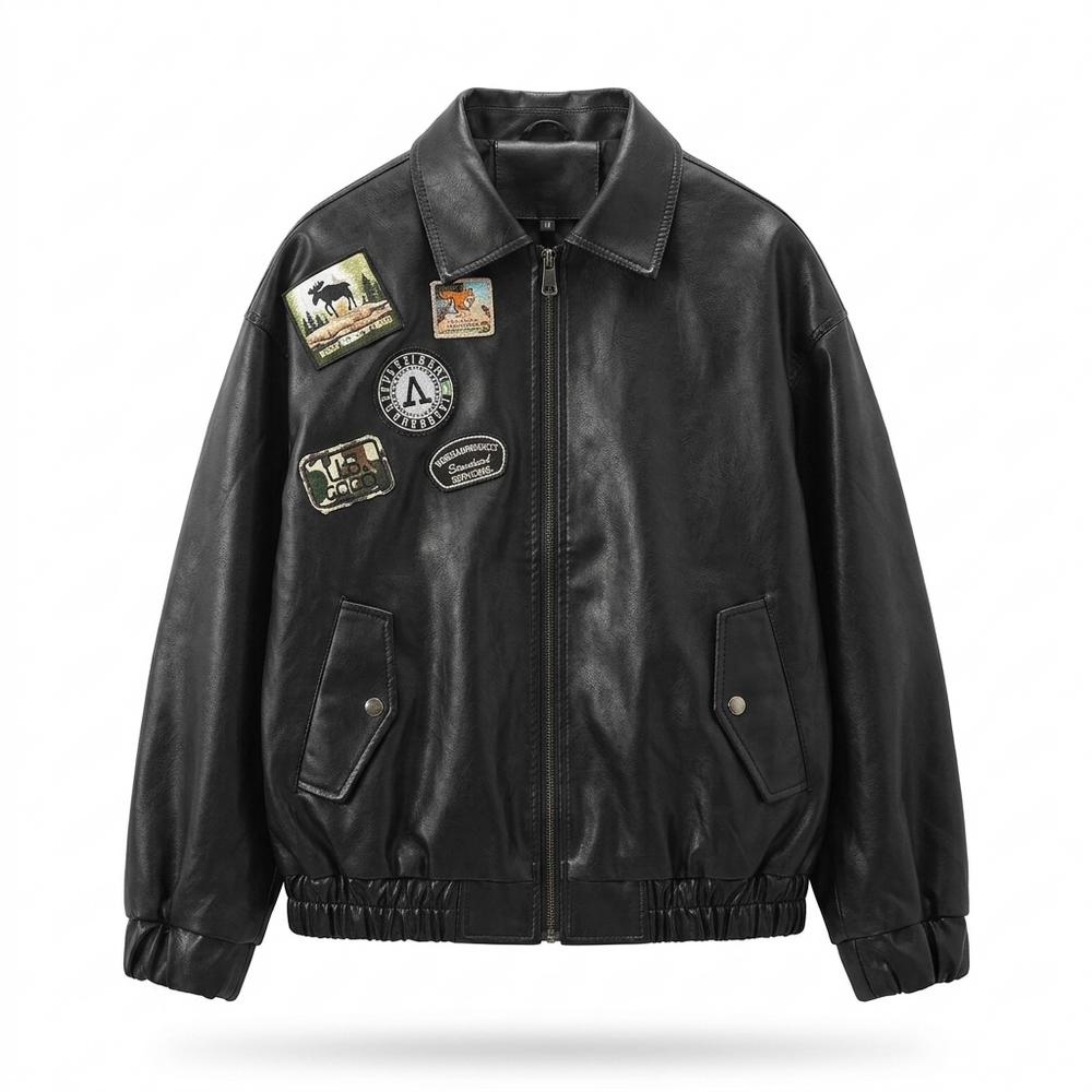 Mens Outlet House - Mitir | Patched Zip-Up Leather Jacket Men